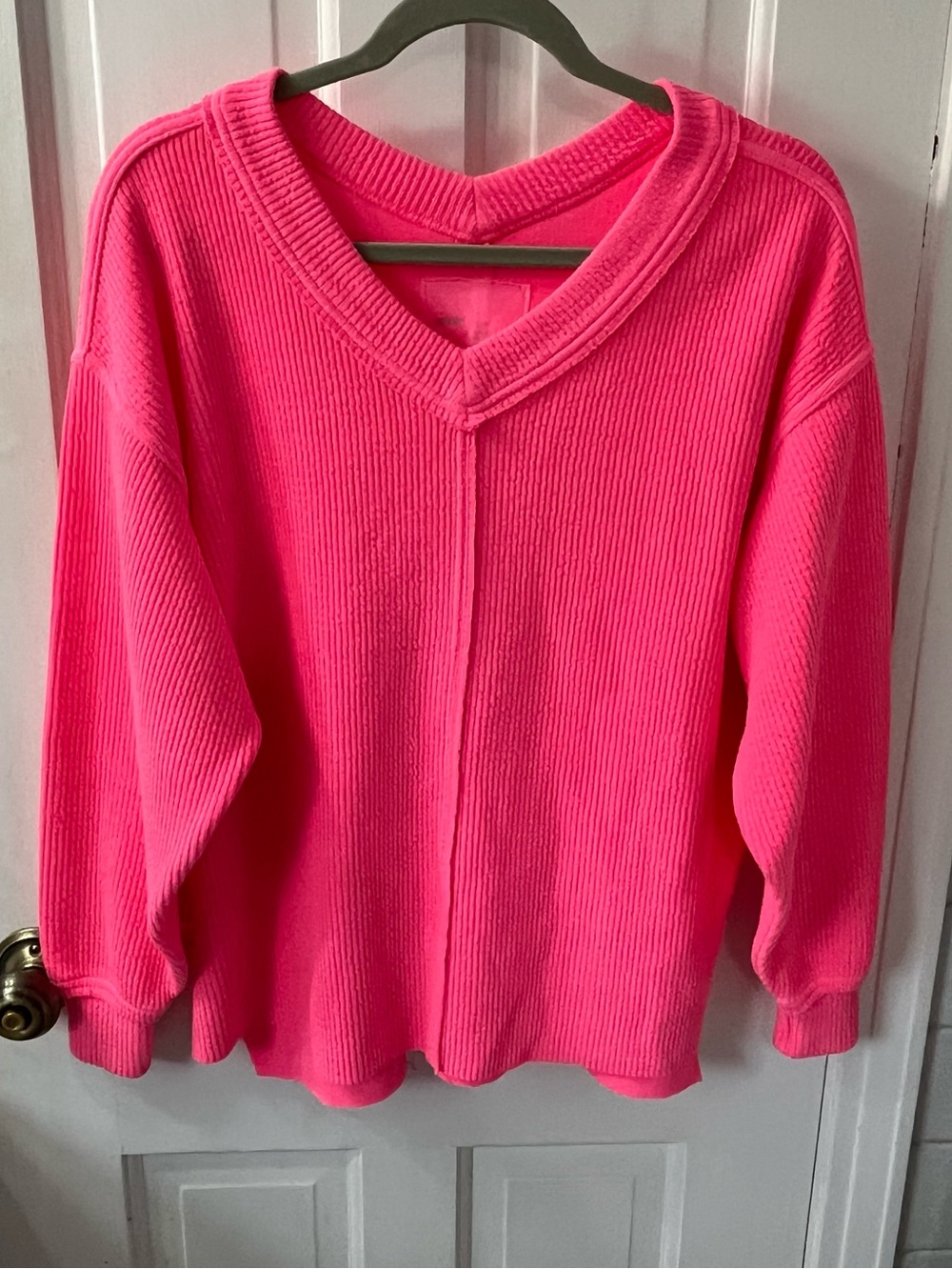 Aerie Wonder Textured Waffle V-Neck Sweatshirt Hot Neon Pink Oversized XS